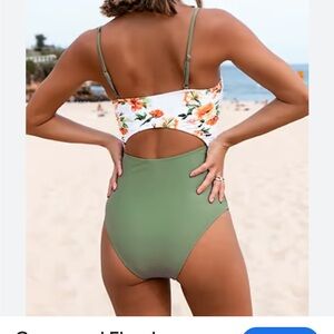 Cupshe Green One Piece Swimsuit with Floral Top and Cut-Out Back